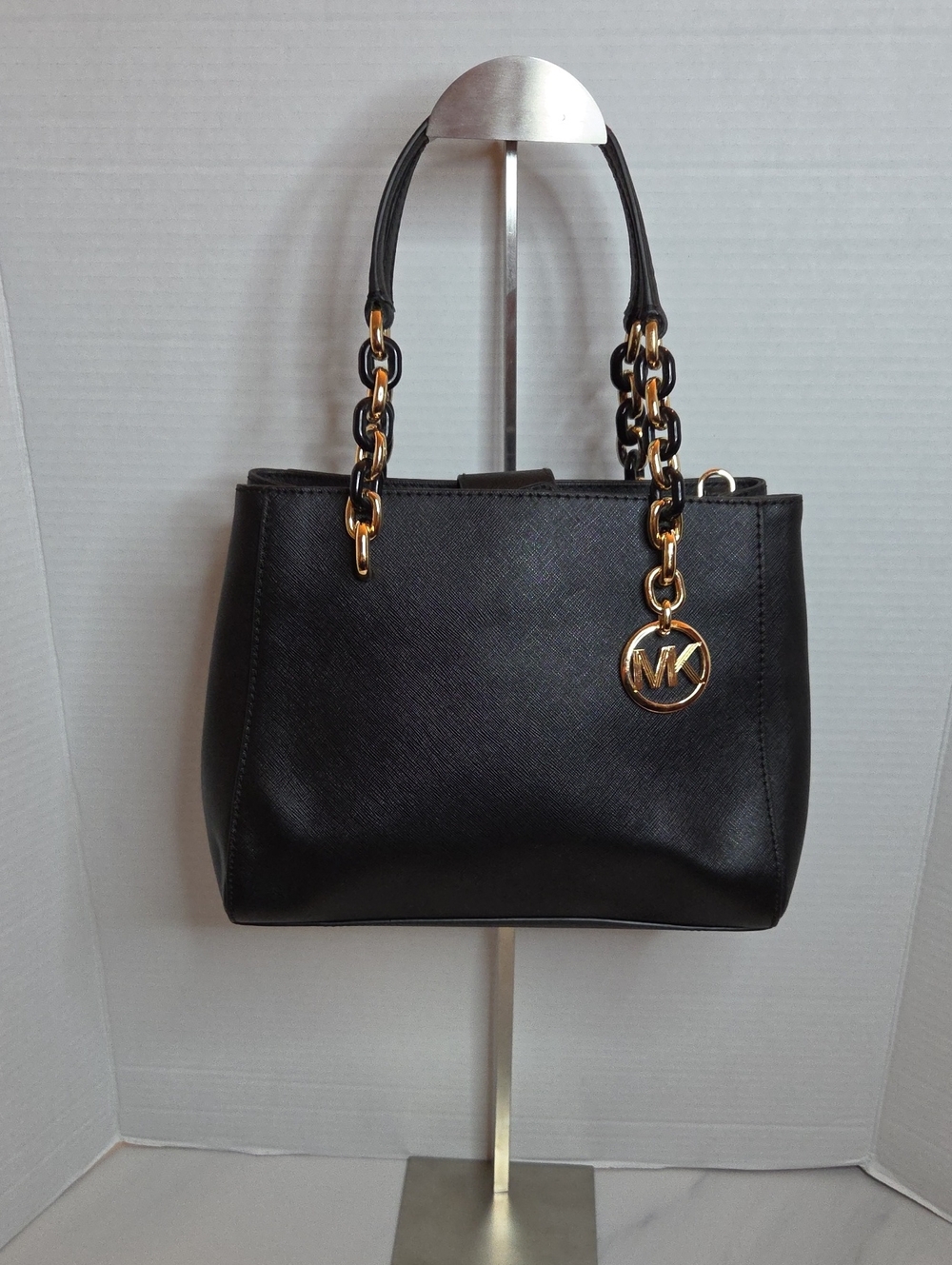 Michael Kors Black Saffiano Satchel with Gold Chain Accents